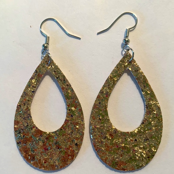 Faux Leather Teardrop Dangle Earrings Gold Chunky Glitter - Picture 3 of 5